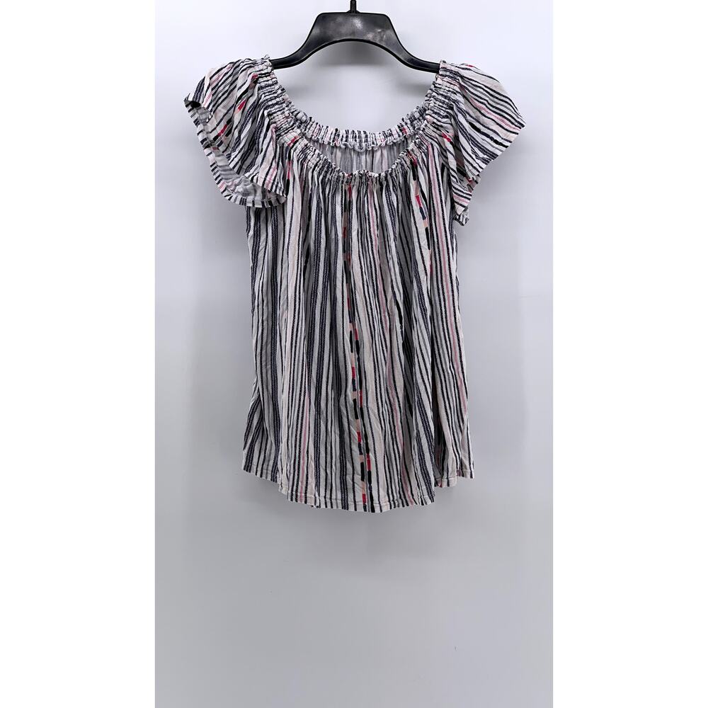 UNBRANDED Women's White-Navy Striped Boho Top SZ M